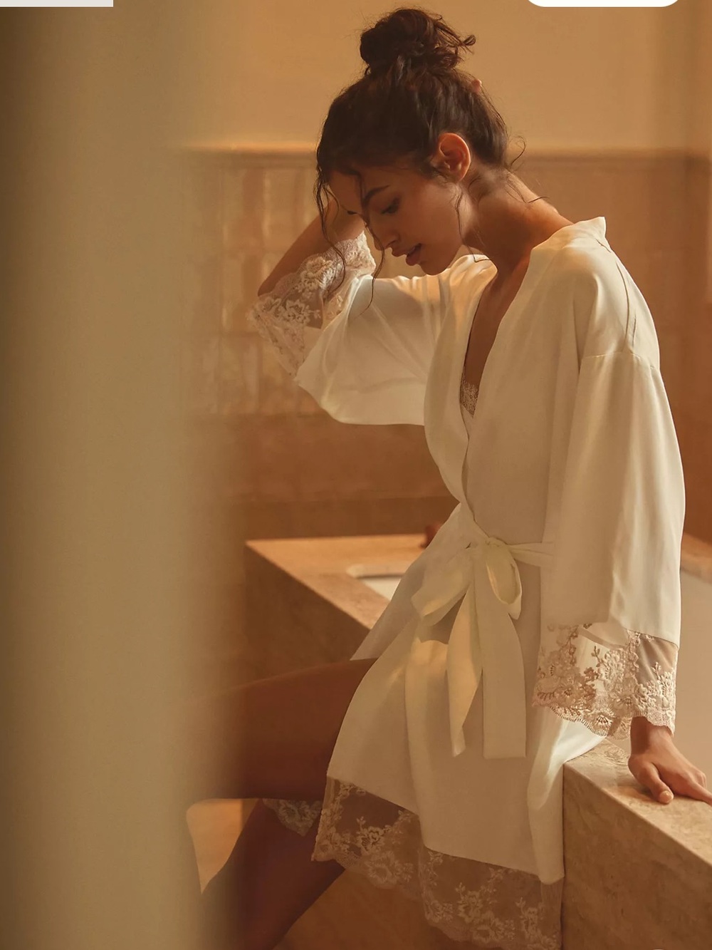 Flora Nikrooz Cream Lace-Trim Short Robe with Waist Tie